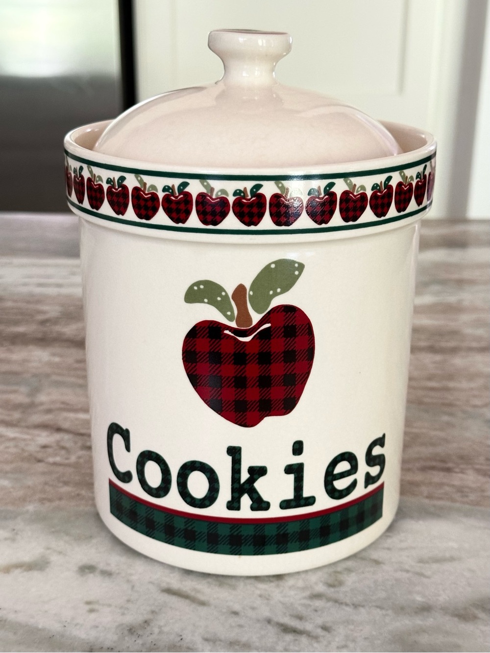 Vintage 90s Applejack Glazed Ceramic Cookies Canister - Fall Decor - Plaid Apple